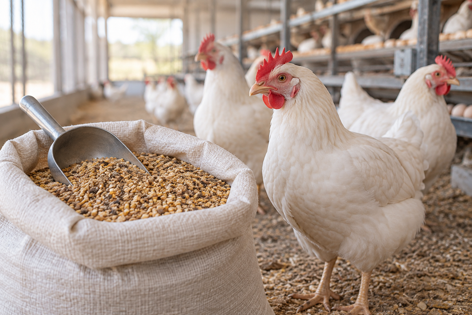 Illustrative image of unbranded poultry feed beside adult laying hens